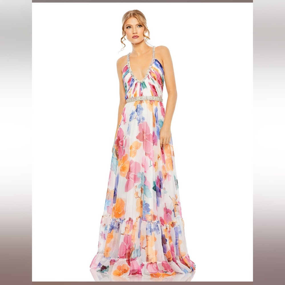 NWT Ieena Mac Duggal Rhinestone Trim Floral Maxi Dress with Beaded Straps 12